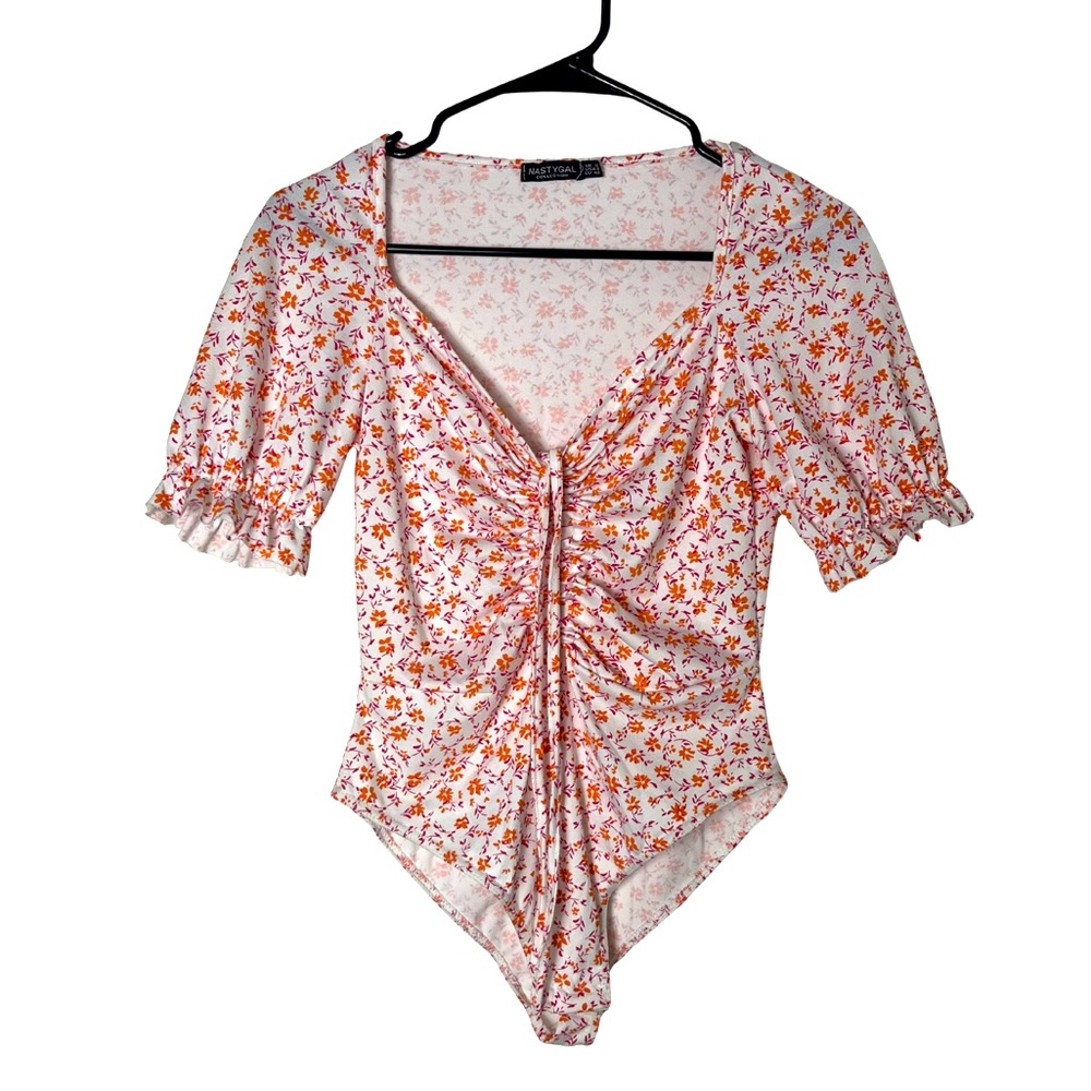 Nasty Gal Floral Puff Sleeve Ruched Tie Front Bodysuit